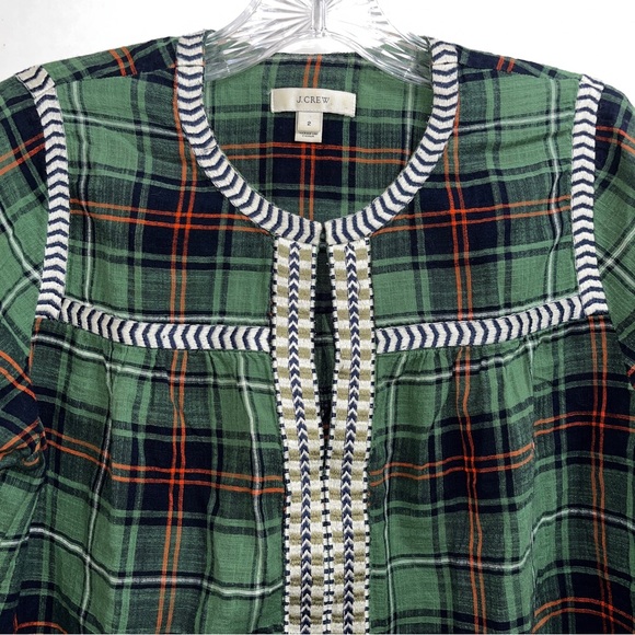 J. Crew top, 100% cotton, green plaid with patterned trim on front and back - Picture 2 of 11